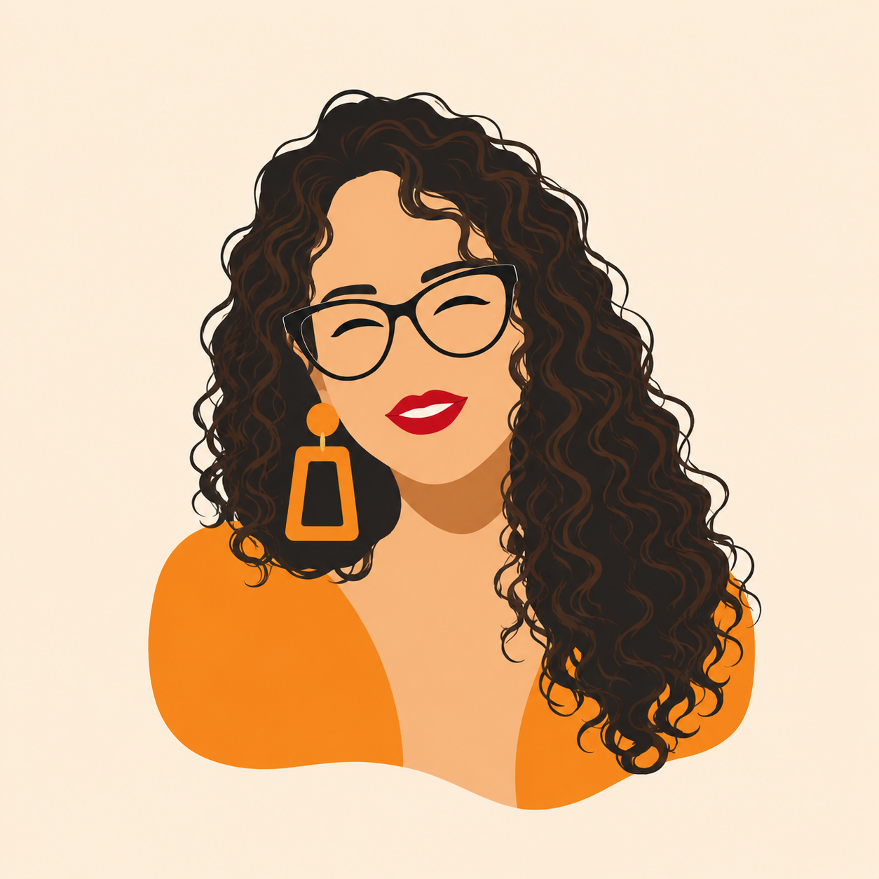 Illustration of a woman with glasses and curly hair on a beige background